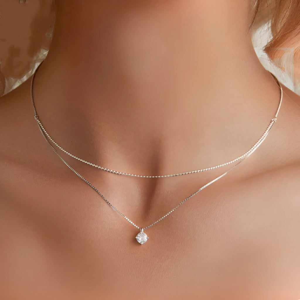S925 sterling silver double-layer necklace with pearl chain design in silver colour