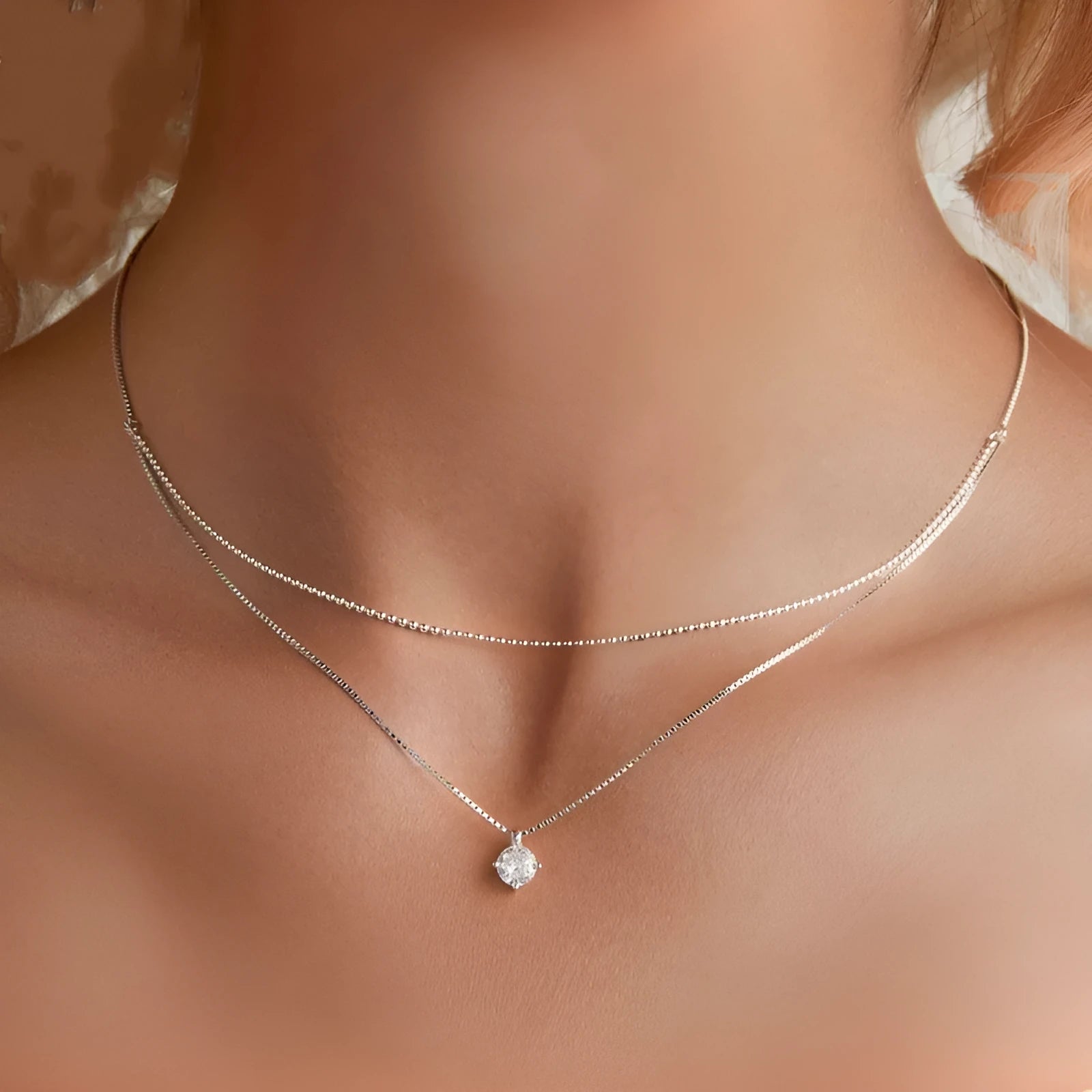 S925 sterling silver double-layer necklace with pearl chain design in silver colour