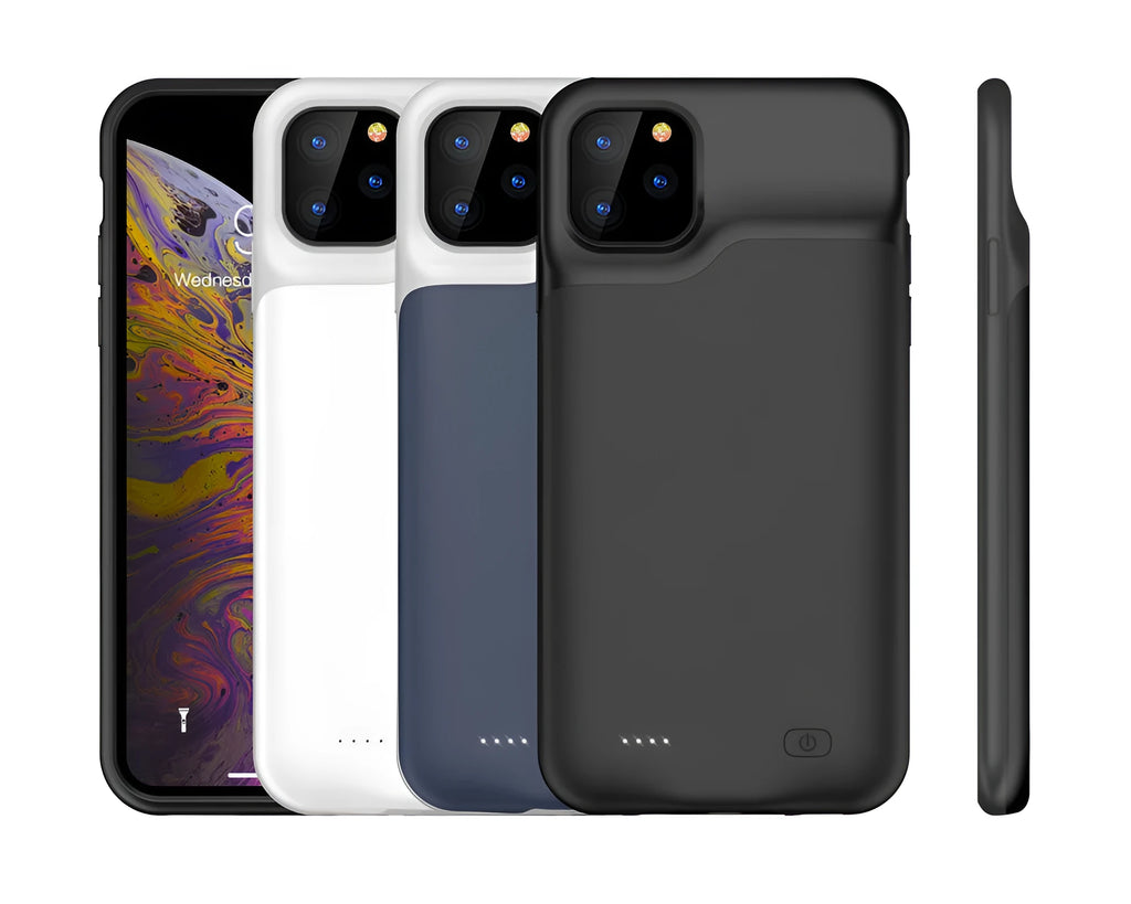 Shockproof silicone battery charger case for iPhone in black, blue, pink, or white, showing phone model compatibility.