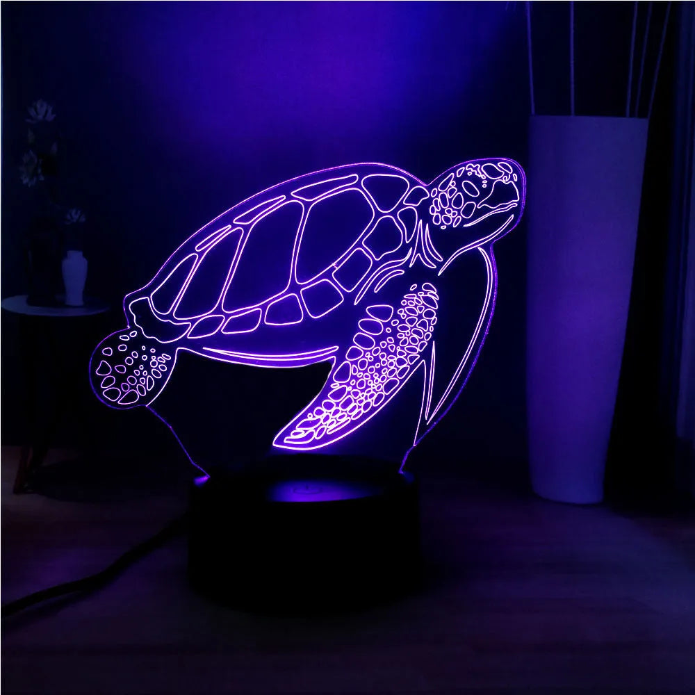 3D acrylic turtle LED night light showing 16 colour options with remote control