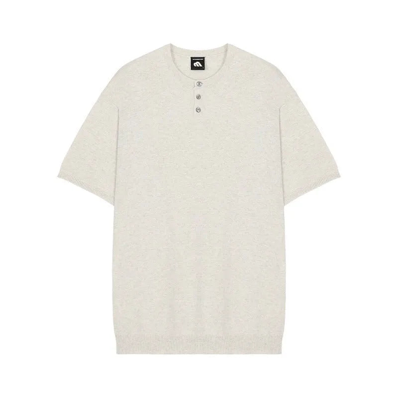 Men's black thin slim-fit ice silk knitted short-sleeved shirt on a hanger.