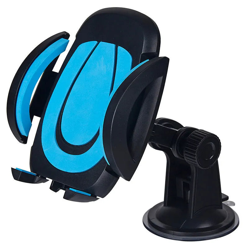 ABS suction cup car phone holder with U-shaped bracket in blue colour showing clamp mechanism