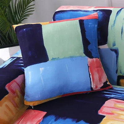 Printed geometric abstract stretch sofa slipcover fitted on a double-seater sofa.