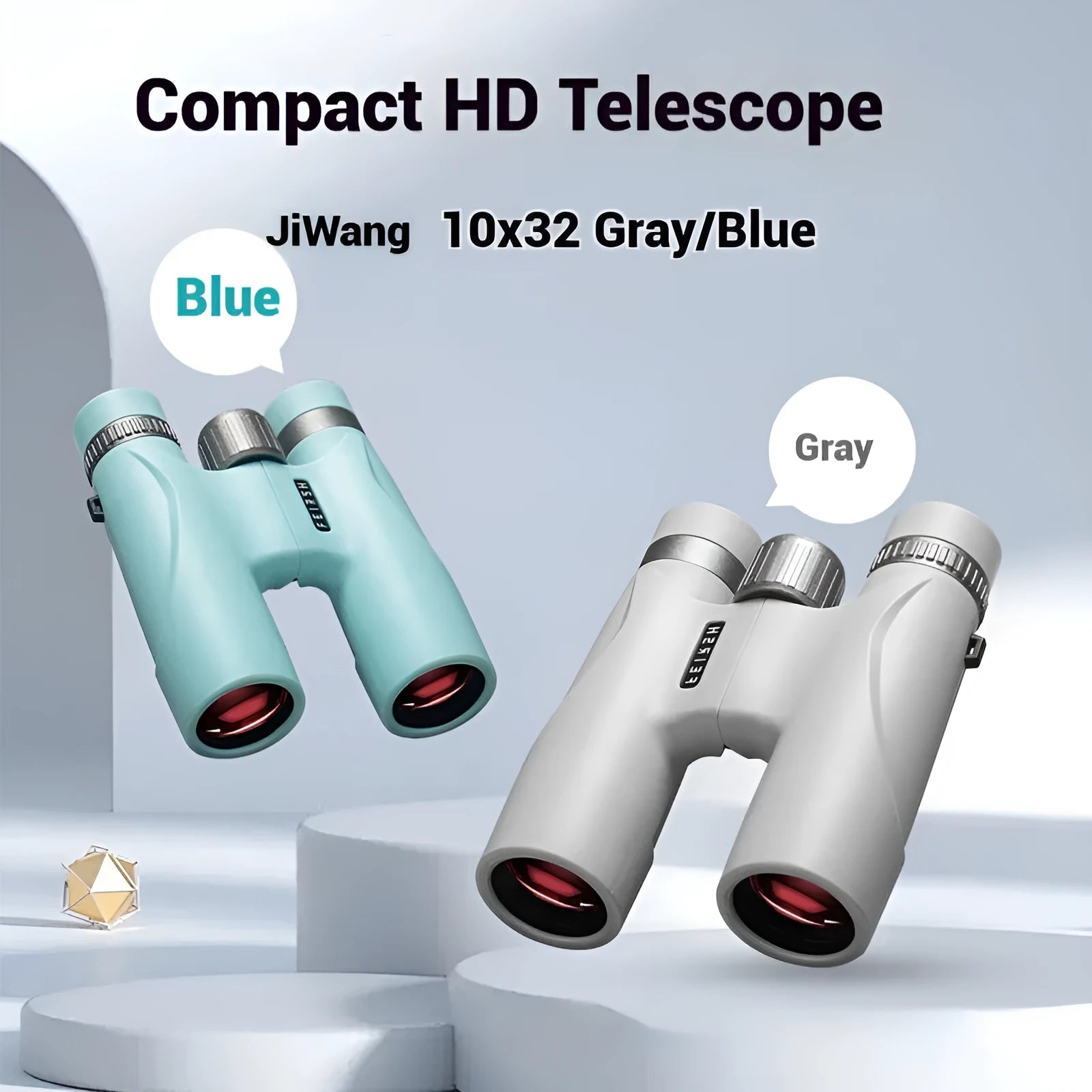 Blue and grey compact 10x32 binoculars with wine red film lenses on a plain background.