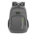 Nylon travel backpack in black showing multiple internal compartments including a laptop sleeve and front pockets.
