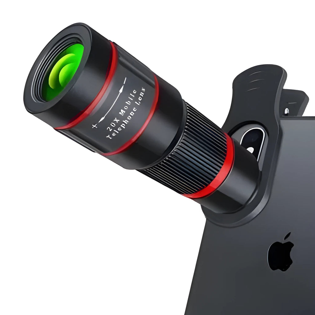 20x mobile phone telescope lens with plastic body, universal mounting clip, and single eye mask accessory