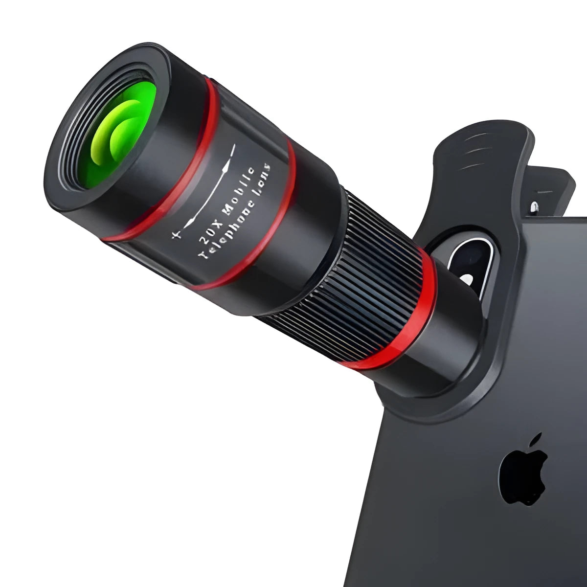 20x mobile phone telescope lens with plastic body, universal mounting clip, and single eye mask accessory