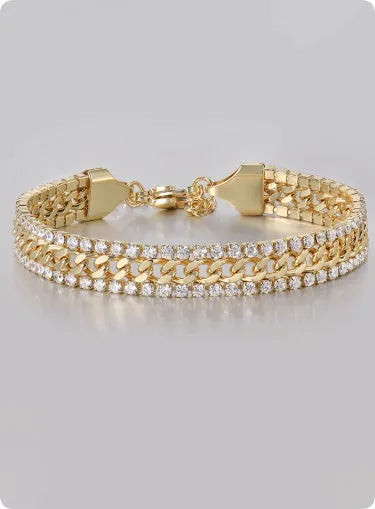 Gold electroplated tennis bracelet with artificial gemstones on titanium steel chain, European American hip hop style unisex jewellery