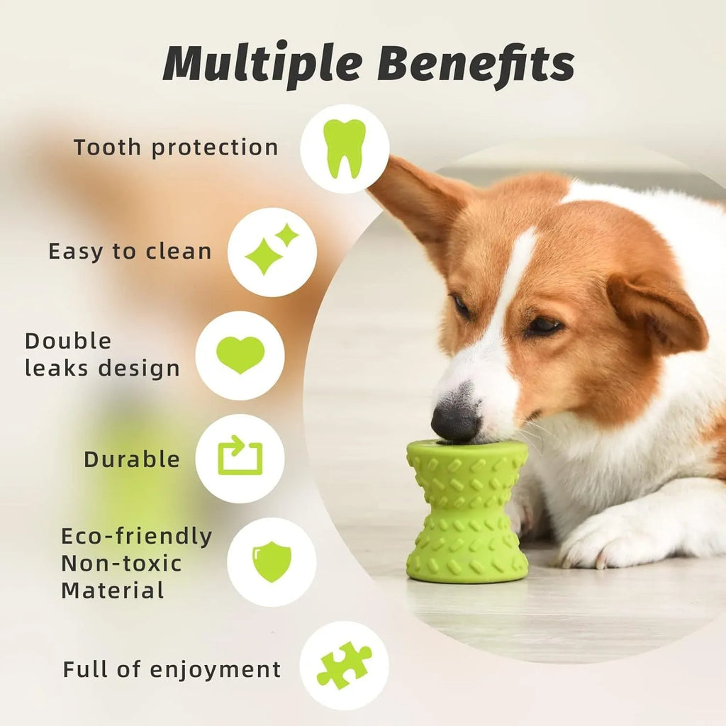 Natural rubber treat dispensing bone dog toy in blue colour with hollow centre and food leakage holes