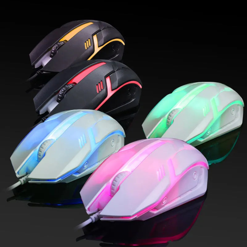 Black wired computer mouse with colourful side glow lighting and USB cable