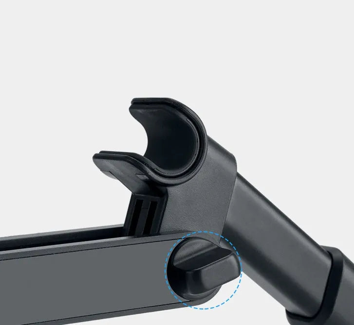 Black universal car phone and tablet holder with snap-in base for mounting on rear car seats.