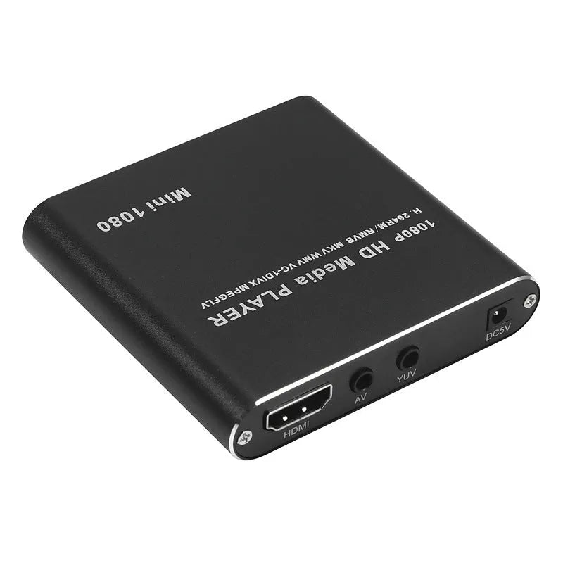 Compact blue media player with remote control showing HDMI port and storage slots