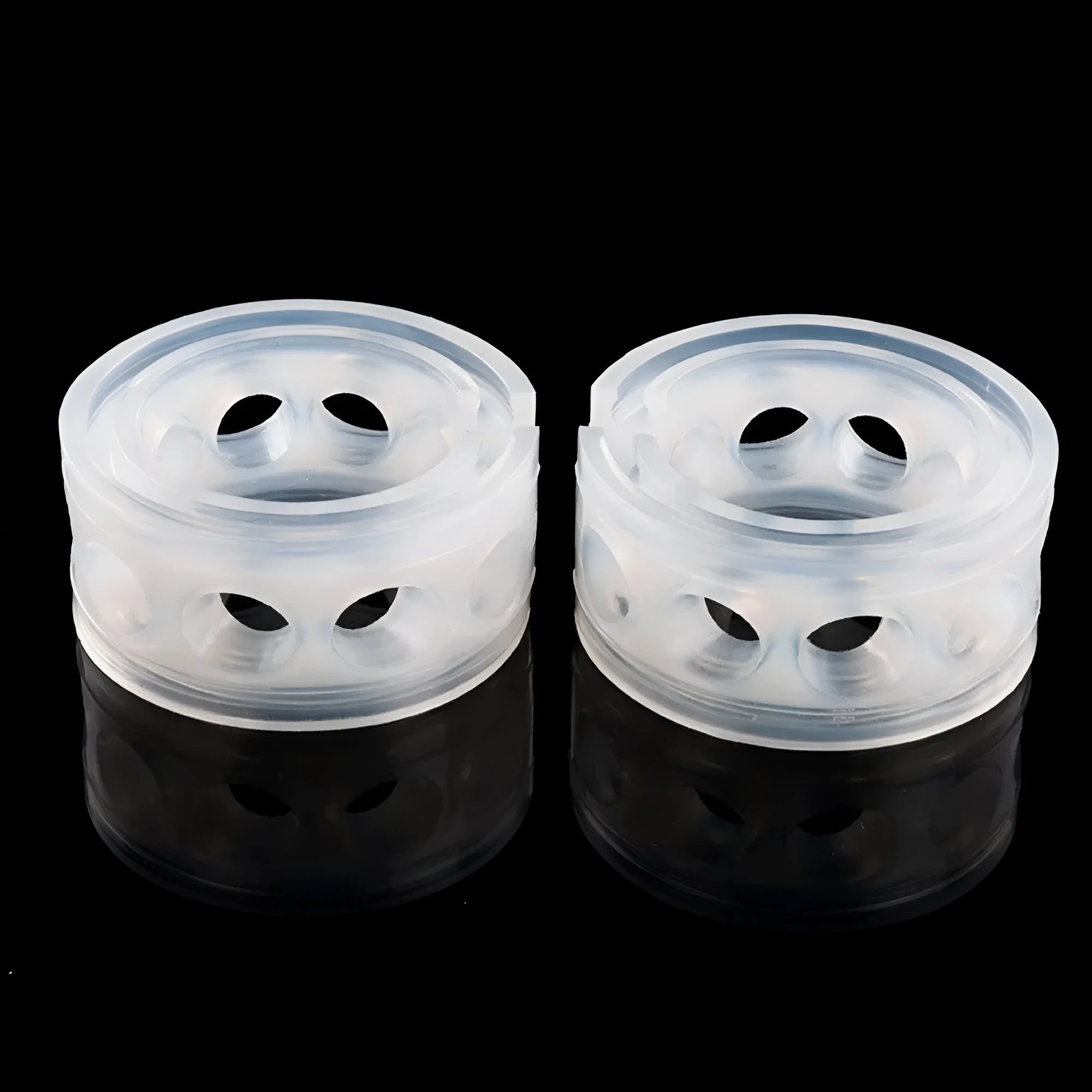 Transparent rubber shock absorber for car spring, showing six size options A through F with dimensions.