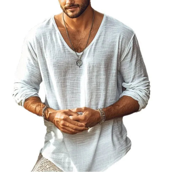 Men's beige slim fit V-neck long sleeve t-shirt laid flat