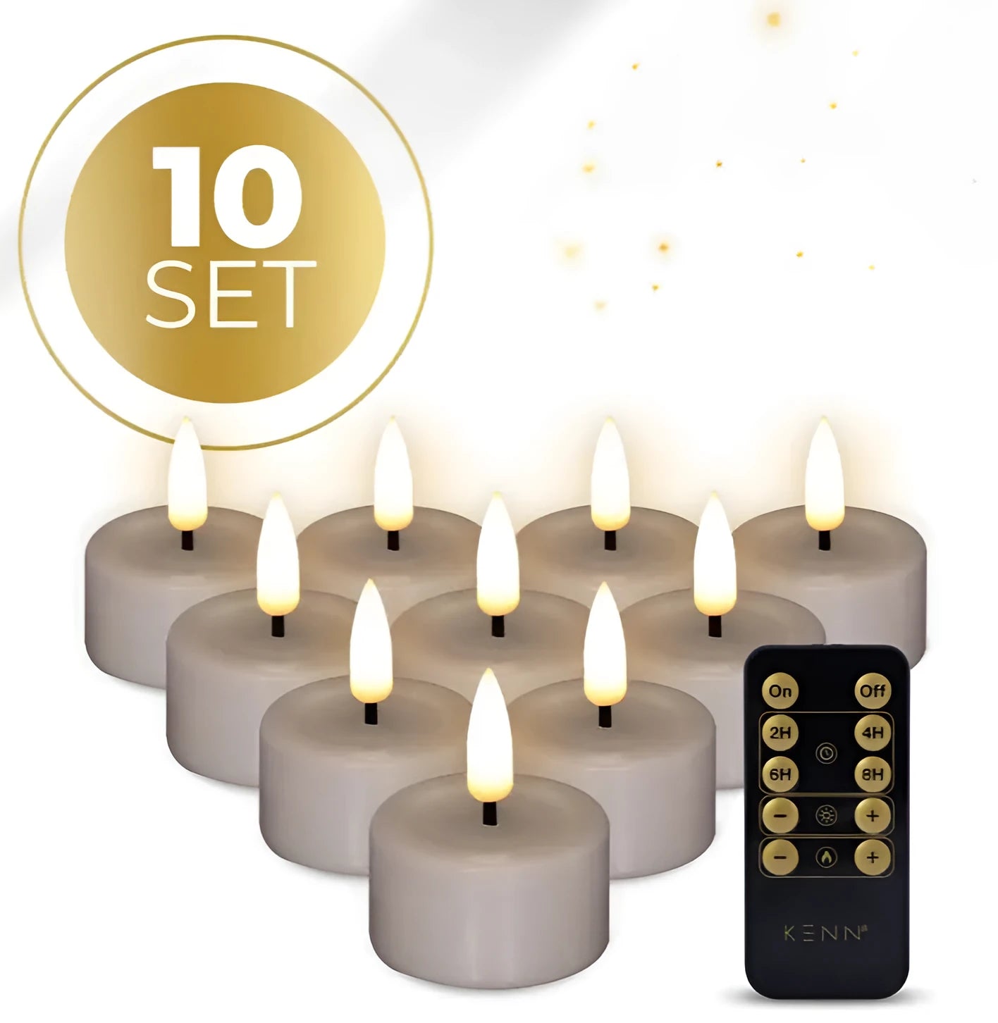 Four taupe-coloured LED tealight candles with 3D flame effect on wooden surface