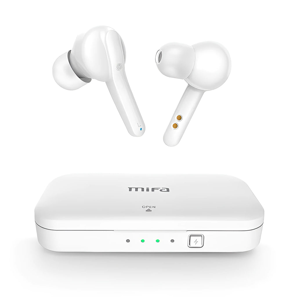 Black and white TWS wireless Bluetooth 5.0 headphones with IPX5 waterproof rating.