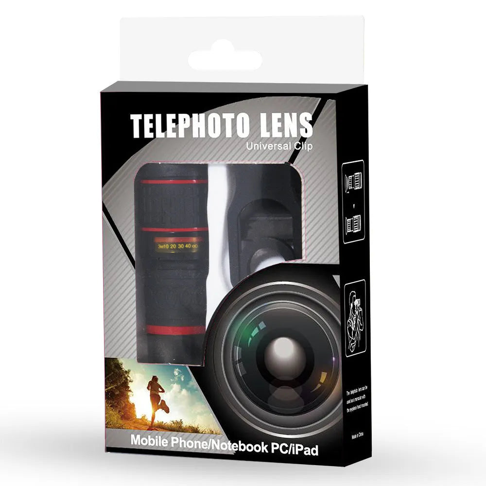 20x mobile phone telescope lens with plastic body, universal mounting clip, and single eye mask accessory