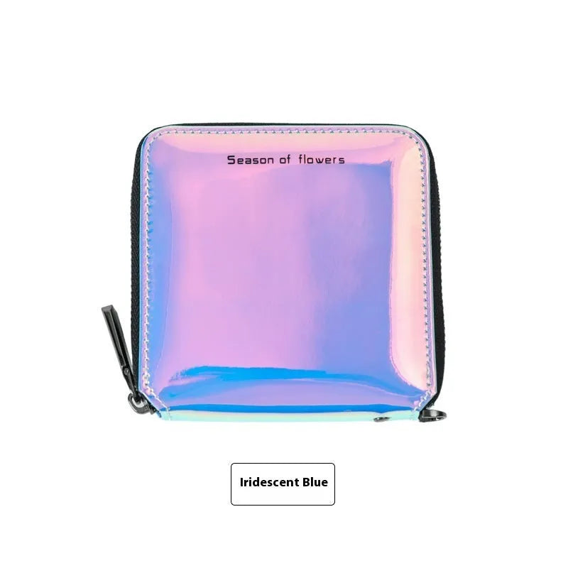 Women's short folding wallet in glitter, blue, or green measuring 11cm square with 2.5cm thickness