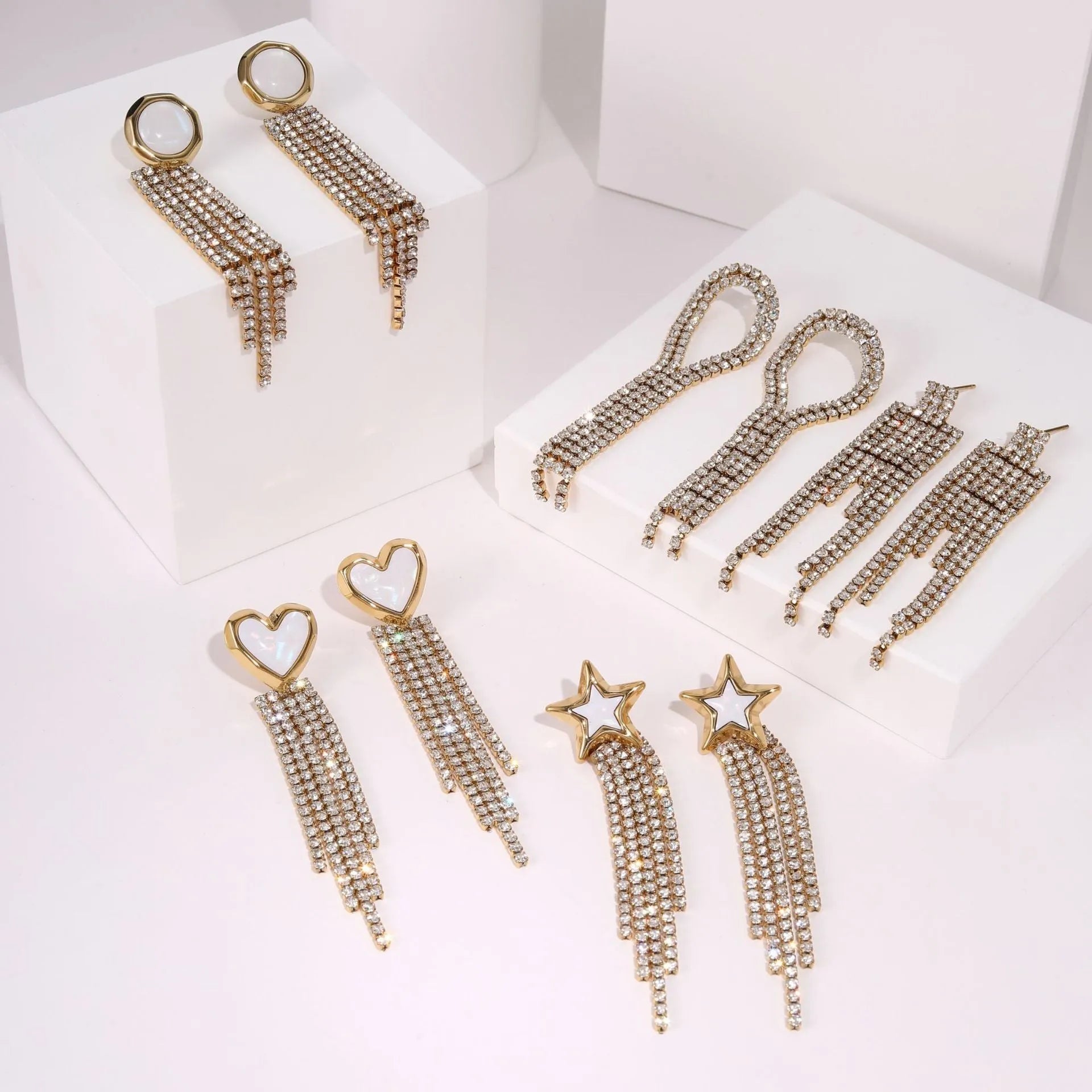 Stainless steel diamond tassel earrings with heart and star shapes in electroplated 18K purity finish