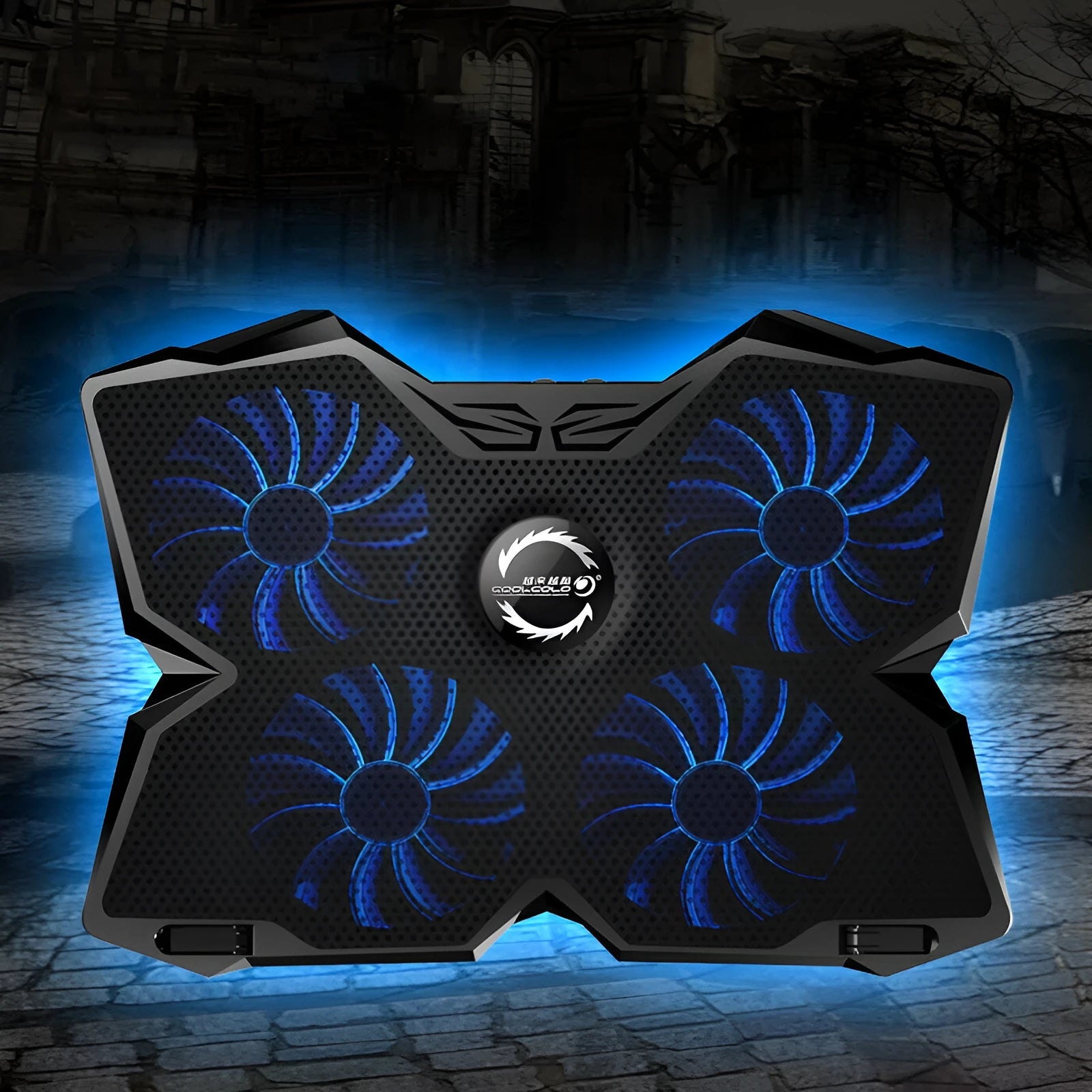Laptop cooling base with four LED exhaust fans, USB ports, and control switches on blue or red background