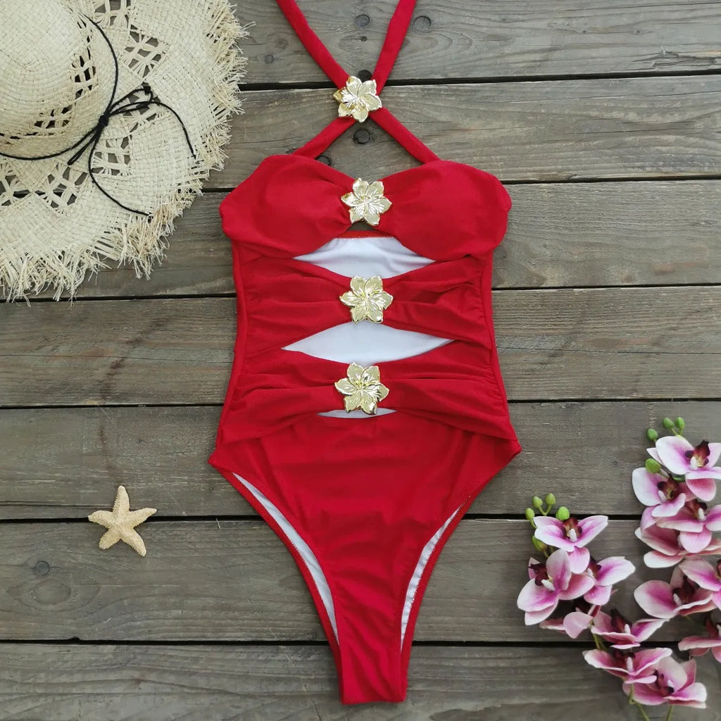 A solid colour one-piece swimsuit for women with a hollow-out tube top and a matching short skirt.