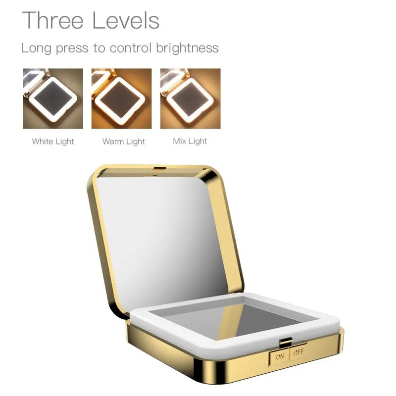 Black and white makeup mirror with 4x magnification on one side, HD mirror on the other, and adjustable lighting controls.