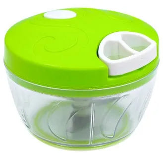 Manual kitchen chopper with stainless steel blades in green plastic housing