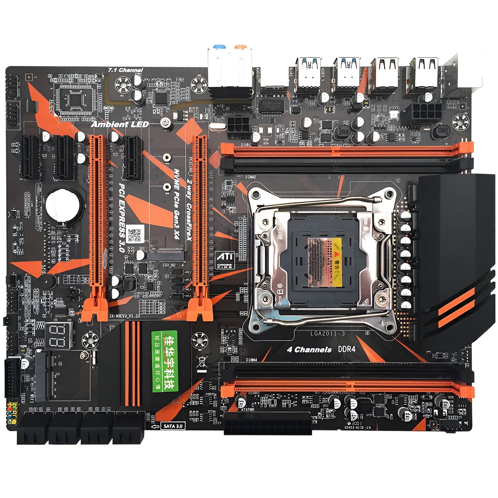 Black X99 desktop motherboard with LGA2011-3 socket, four DDR4 slots, two PCI-E x16 slots, and M.2 interface.