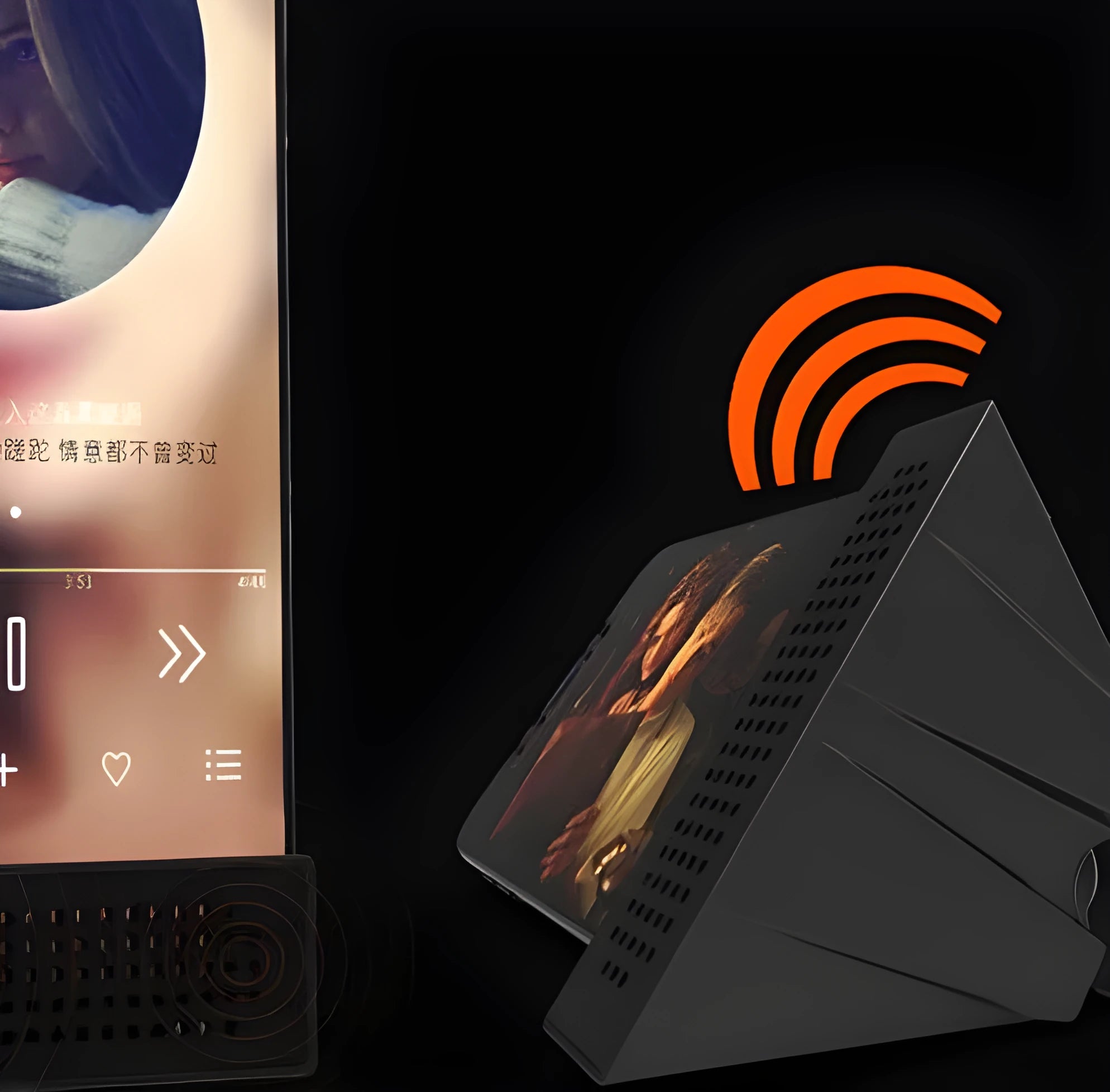 A small black plastic phone amplifier stand holding a smartphone on a desktop.