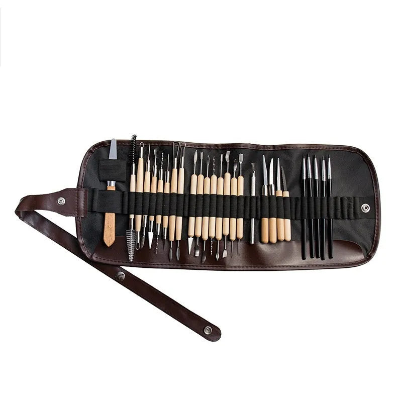 27-piece brown pottery clay tool set with stainless steel, wood, and plastic instruments in a roll bag.
