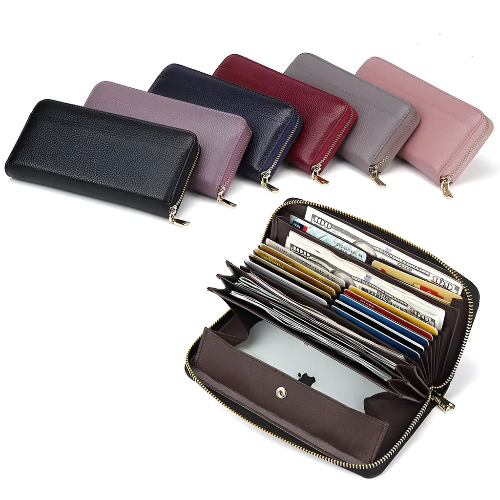 Long genuine leather women's wallet in a choice of colours showing large capacity and card slots.