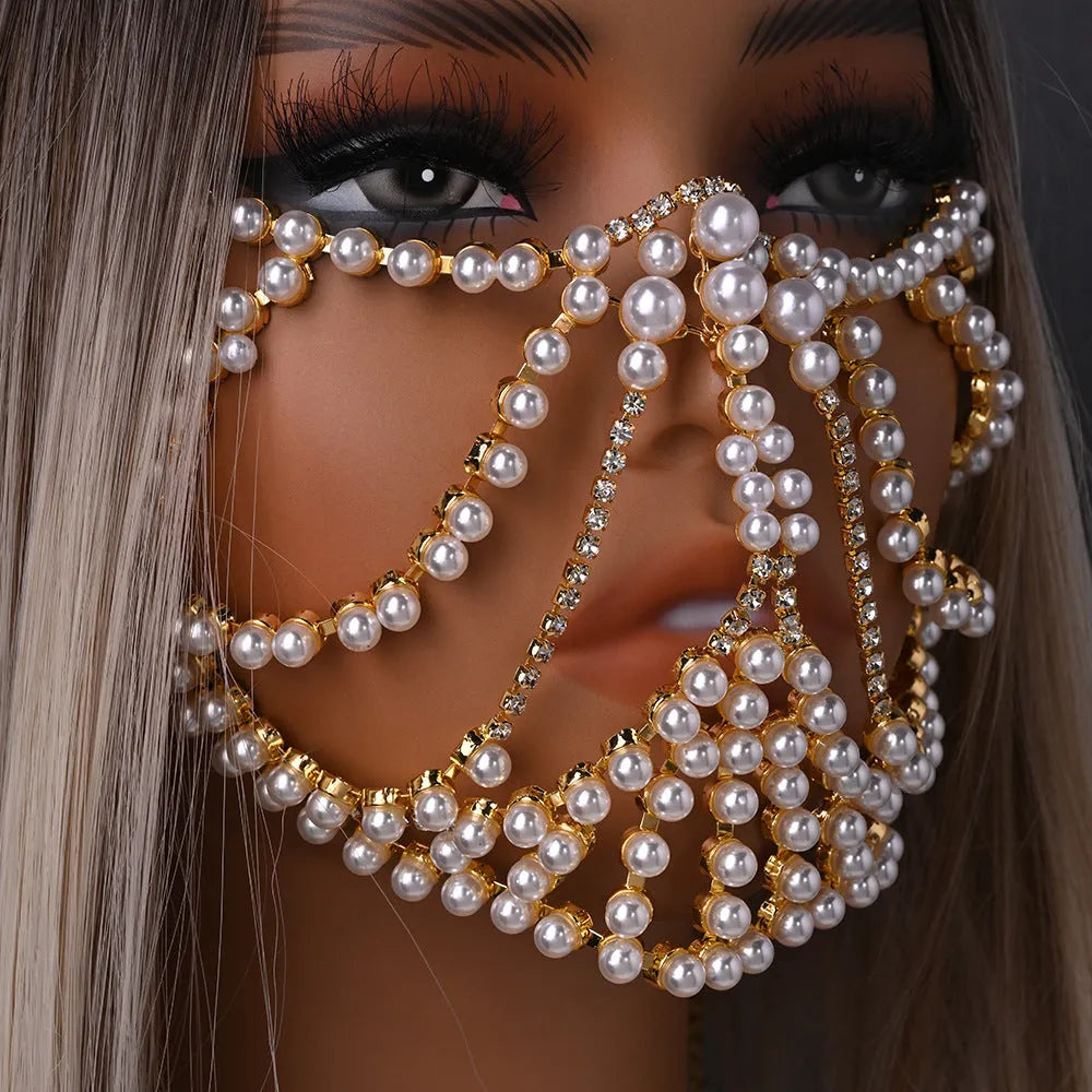 Geometric alloy face mask with rhinestone patchwork in silver electroplated finish