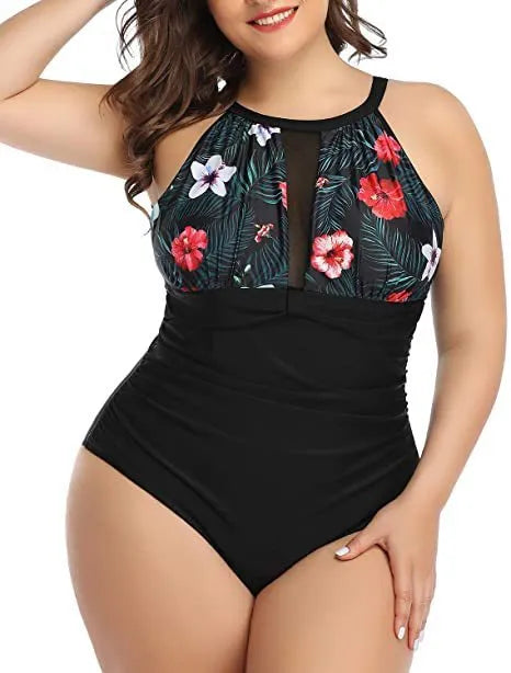 Women's solid colour one-piece swimsuit on a hanger, shown in black, striped, and red floral pattern options.