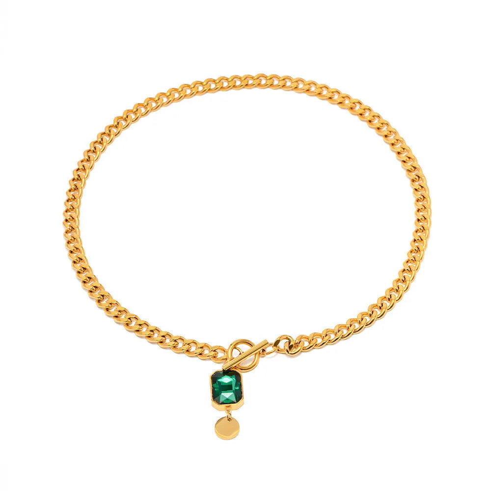 Gold geometric emerald zircon pendant necklace with titanium steel Cuban link chain