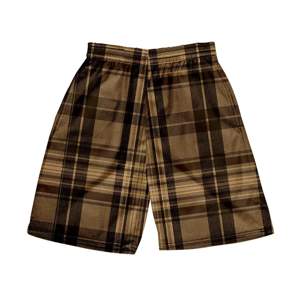 Man wearing straight-fit plaid casual shorts with an elastic waistband.