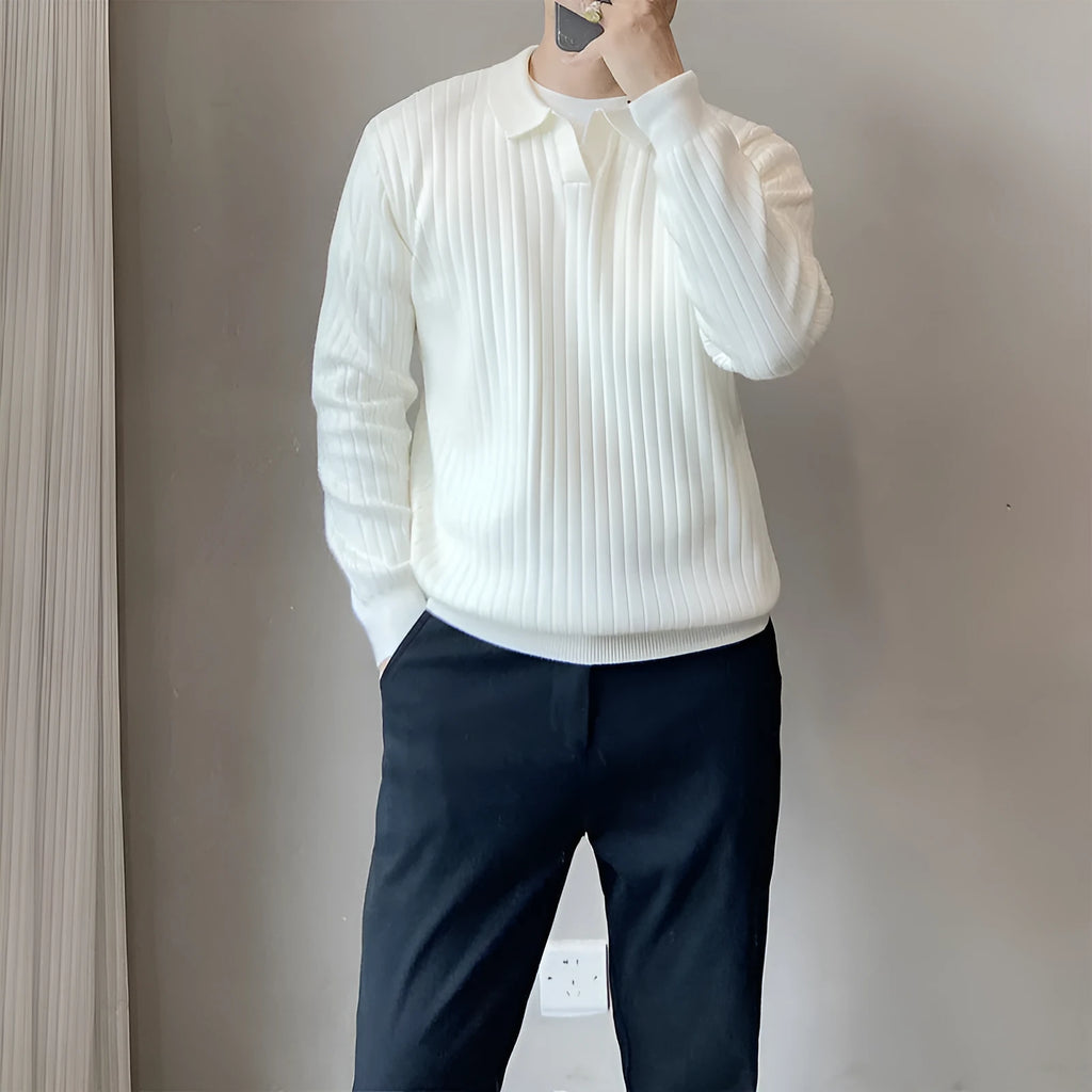 Male model wearing loose fit striped elastic knit sweater in modal and rabbit fur blend fabric