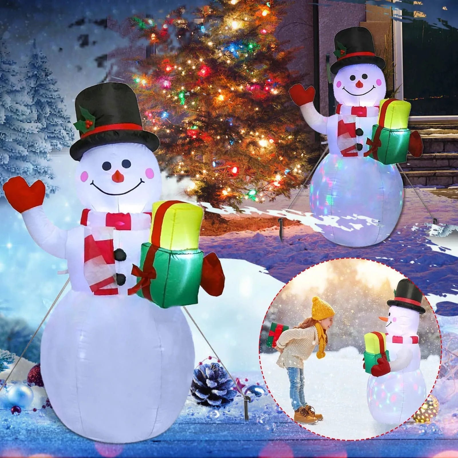 Christmas LED inflatable decoration of a glowing Santa Claus figure in a garden at night