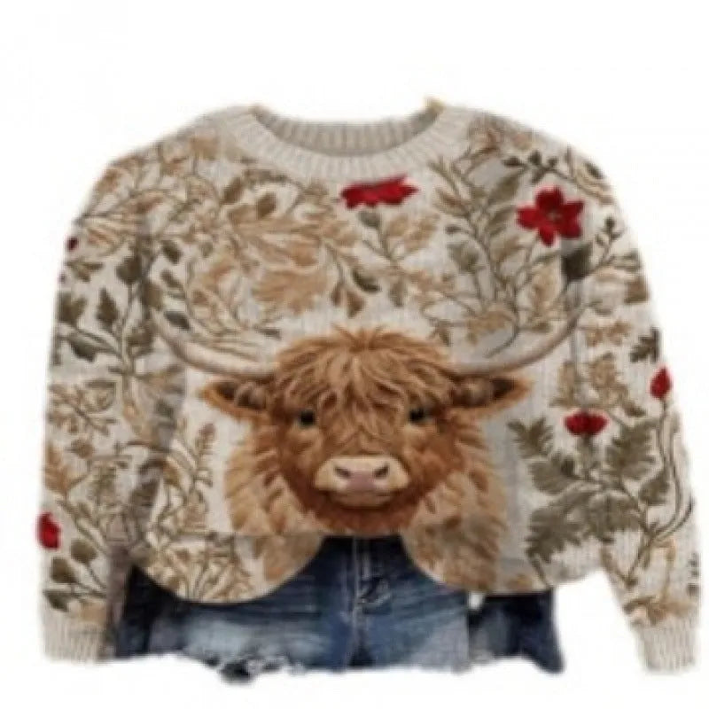 Women's floral digital printed round neck sweater in polyester fabric showing small flower pattern