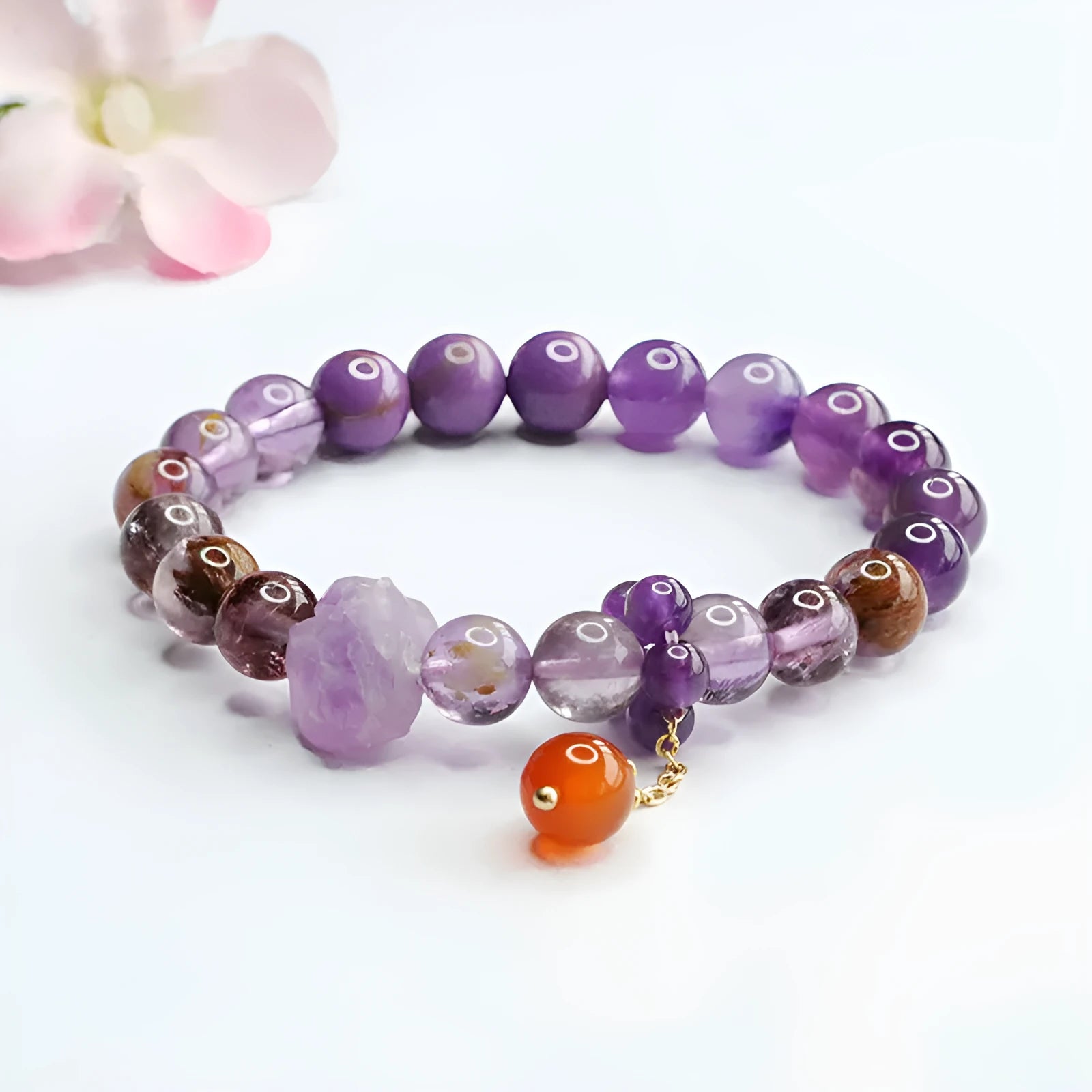 Natural nine purple amethyst and red agate Duobao crystal bracelet in Mori style, showing 8mm beads.