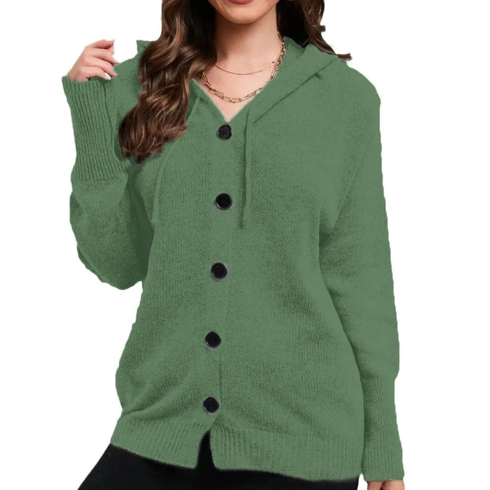 Women's thick cotton hooded cardigan sweater in loose fit, shown in army green colour with 3D texture.