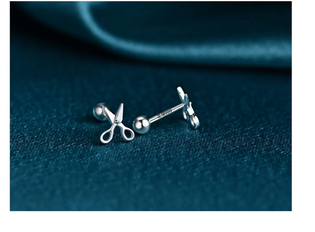 Pure silver screw ear nail earrings with miniature scissors pattern