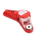 Red portable laser level tool for woodworking line projection and punching positioning on a workbench.