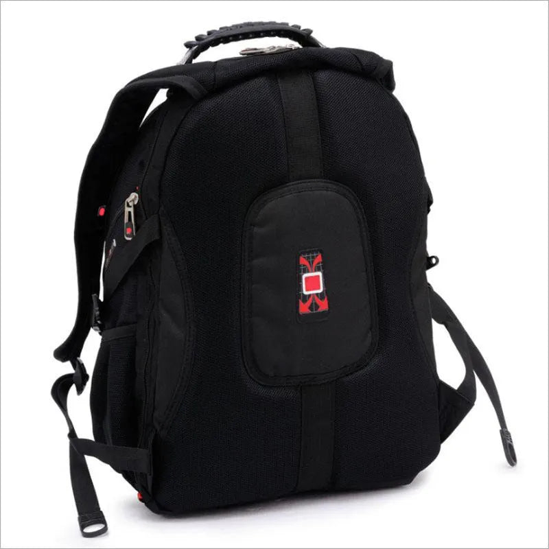 Black business computer backpack with multiple compartments open, showing laptop sleeve and organiser pockets.