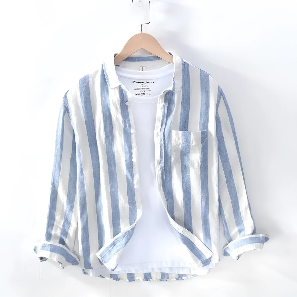 Men's Hong Kong style loose fit long sleeve shirt in blue or light grey with fleece lining
