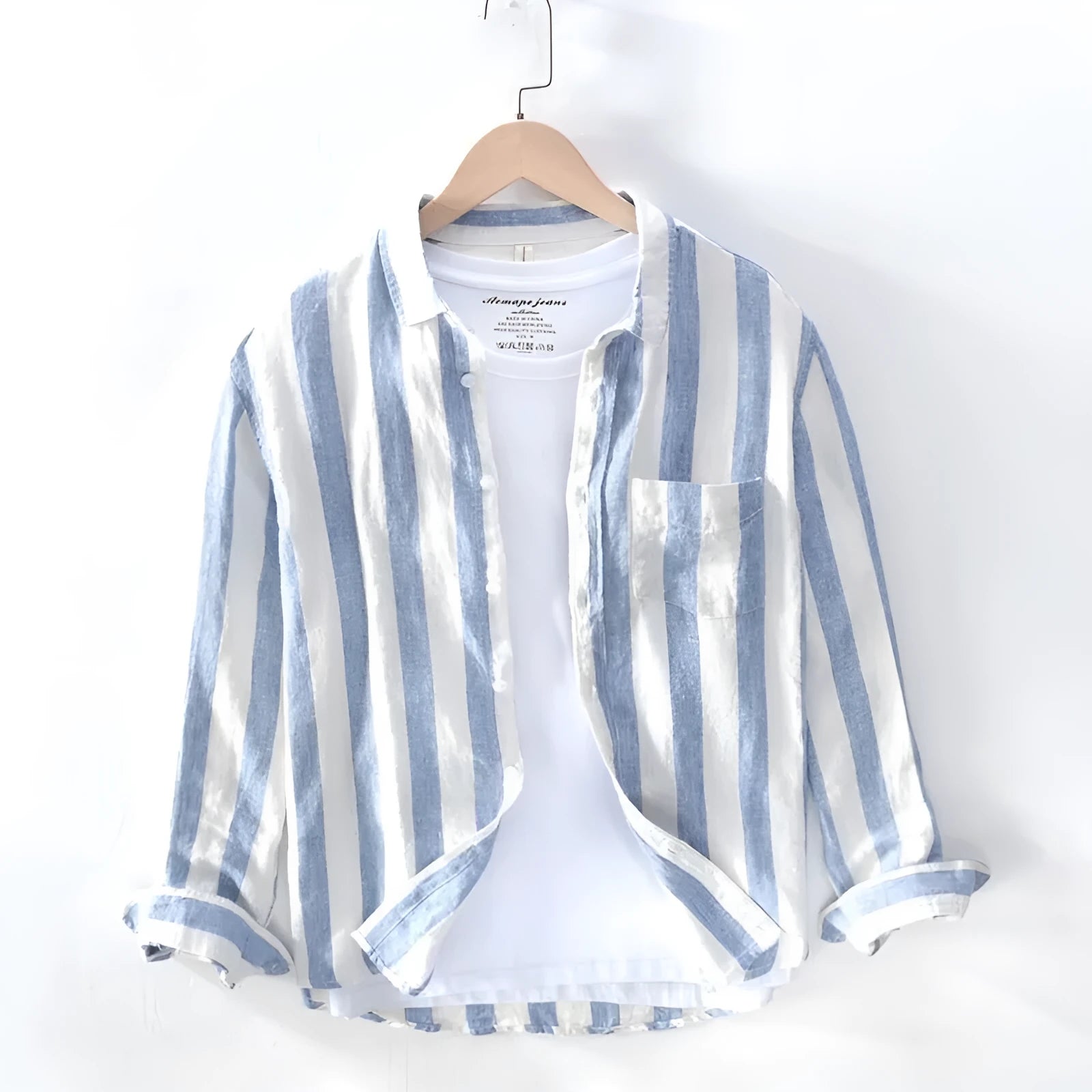 Men's Hong Kong style loose fit long sleeve shirt in blue or light grey with fleece lining