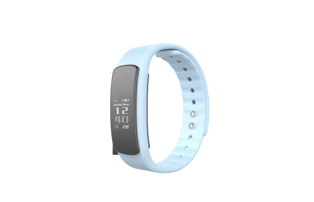 I6 smart sports bracelet with 0.96-inch touch screen on wrist showing fitness metrics