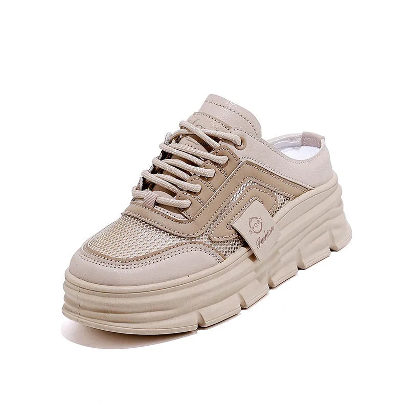 Women's mesh half slippers with height-increasing insole in black, khaki and white colours