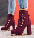 Women's suede high-heel ankle boots in army green with thick block heel and round toe