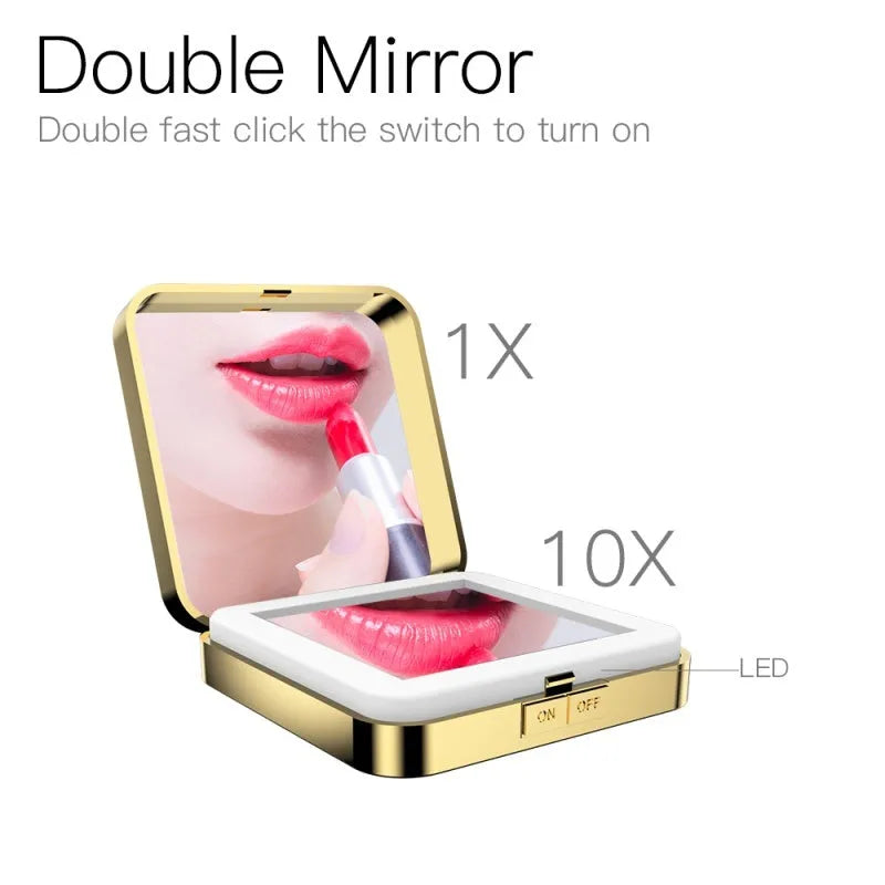 Black and white makeup mirror with 4x magnification on one side, HD mirror on the other, and adjustable lighting controls.