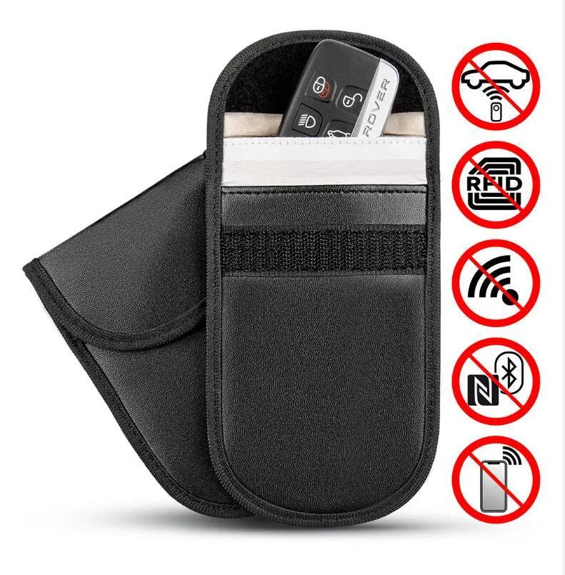 Black microfibre faraday cage bag for blocking car key, phone and RFID card signals.